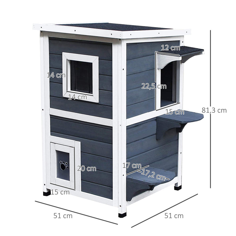 Casa para Gatos de Madeira Exterior Casa para Gatos de 2 Andares com Teto se Abre Janelas e 2 Plataformas para Terraço Balcão Jardim 51x51x81,3cm Cinza