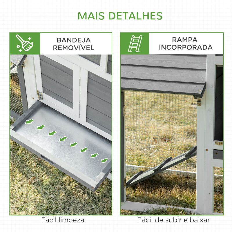 Galinheiro de Madeira para Exterior Gaiola para 2-3 Galinhas com Cercado de Arame Teto Abatível Caixa Ninho Bandeja Removível e Rampa 150,5x54x87cm Cinza e Branco