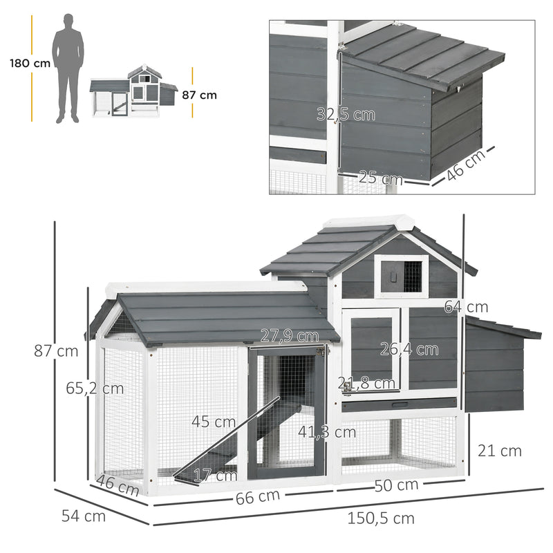 Galinheiro de Madeira para Exterior Gaiola para 2-3 Galinhas com Cercado de Arame Teto Abatível Caixa Ninho Bandeja Removível e Rampa 150,5x54x87cm Cinza e Branco