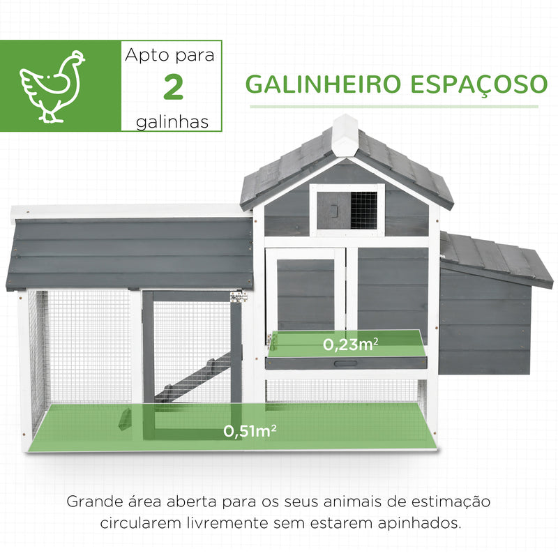 Galinheiro de Madeira para Exterior Gaiola para 2-3 Galinhas com Cercado de Arame Teto Abatível Caixa Ninho Bandeja Removível e Rampa 150,5x54x87cm Cinza e Branco