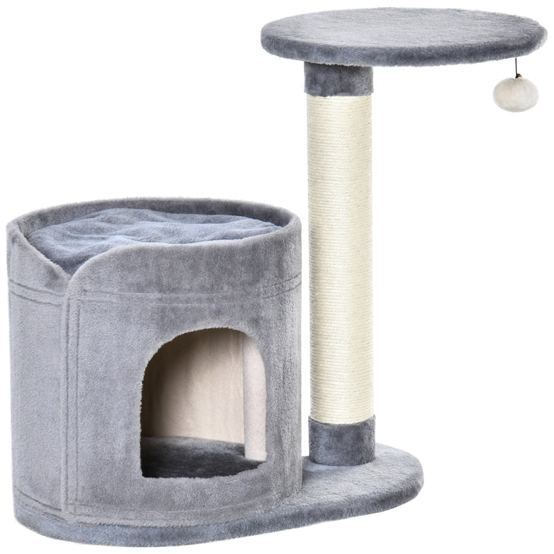 Árvore Arranhadora para Gatos Pequena Altura 59cm com Caverna de Pelúcia Suave Almofada Lavável Plataforma Poste de Sisal Natural e Bola de Brinquedo 55x36x59cm Cinza