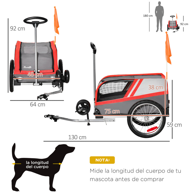 Reboque de Bicicleta para Cães 2 em 1 Carrinho para Animais de Estimação com Porta Enrolável Cinto de Segurança Bandeira e Refletores 130x64x92cm Vermelho e Cinza