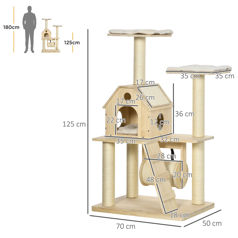 Árvore Arranhador para Gatos Altura 125cm Torre para Gatos com Cama Almofada Lavável Caverna Rolo Postes de Sisal e Rampa 70x50x125cm Madeira