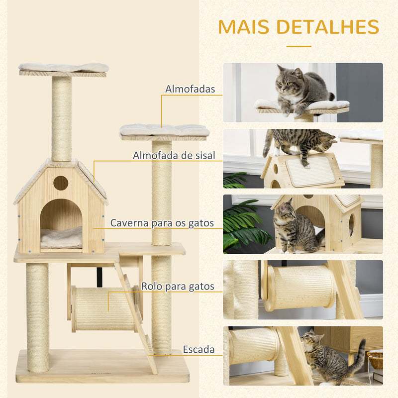 Árvore Arranhador para Gatos Altura 125cm Torre para Gatos com Cama Almofada Lavável Caverna Rolo Postes de Sisal e Rampa 70x50x125cm Madeira