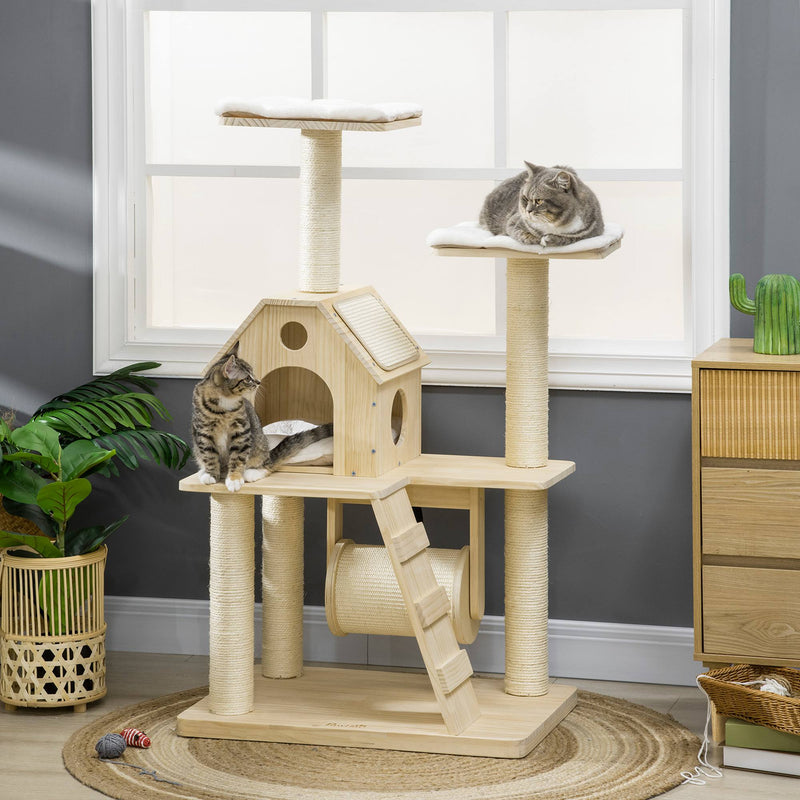 Árvore Arranhador para Gatos Altura 125cm Torre para Gatos com Cama Almofada Lavável Caverna Rolo Postes de Sisal e Rampa 70x50x125cm Madeira