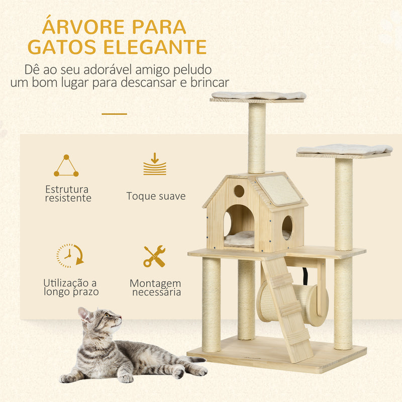 Árvore Arranhador para Gatos Altura 125cm Torre para Gatos com Cama Almofada Lavável Caverna Rolo Postes de Sisal e Rampa 70x50x125cm Madeira