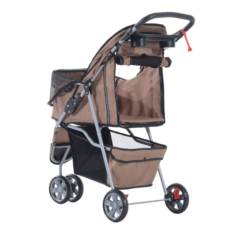 Carrito Dobrável Animais de Estimação para Cão e Gato Carrito Rodas 360º - Cor Castanho Café - 75x45x97 cm