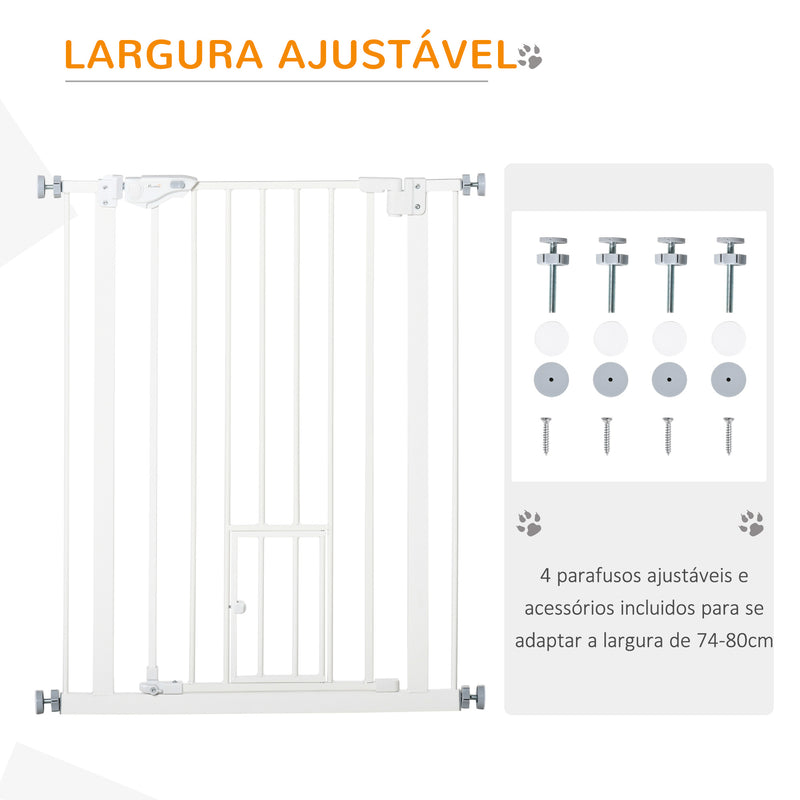 Barreira de Segurança para Cães Animais de Estimação 74-100cm para Escadas Portas e Corredores com Porta para Gatos Fechamento Automático e Sistema de Duplo Bloqueio Altura 91,4cm Branco