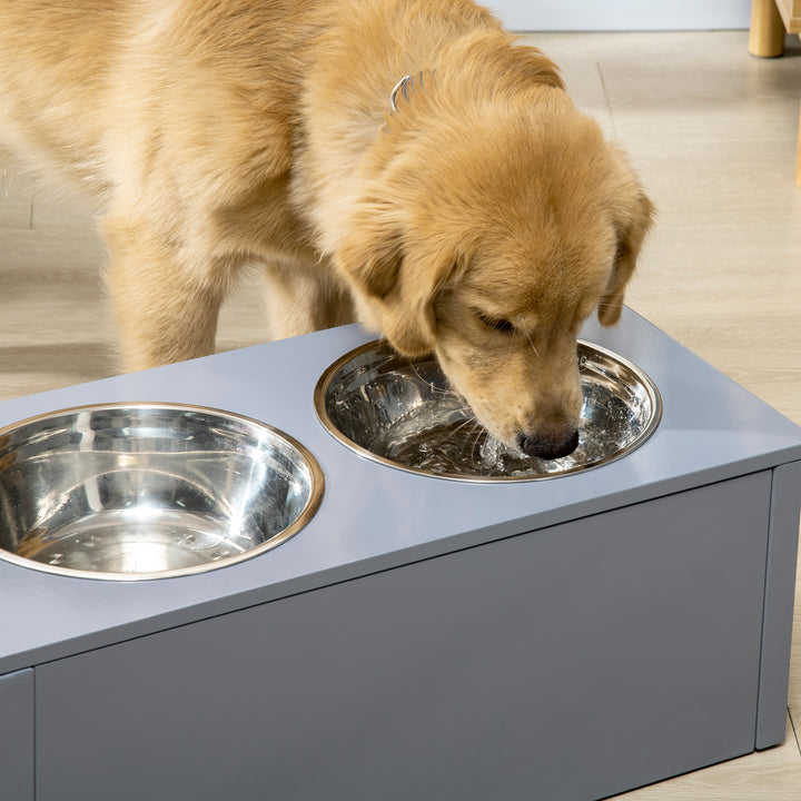 Comedouro Elevado para Cães Médios com 2 Tigelas de 2000ml de Aço Inoxidável Comedouro Alto para Cães com 1 Gaveta 60x30x24cm Cinza
