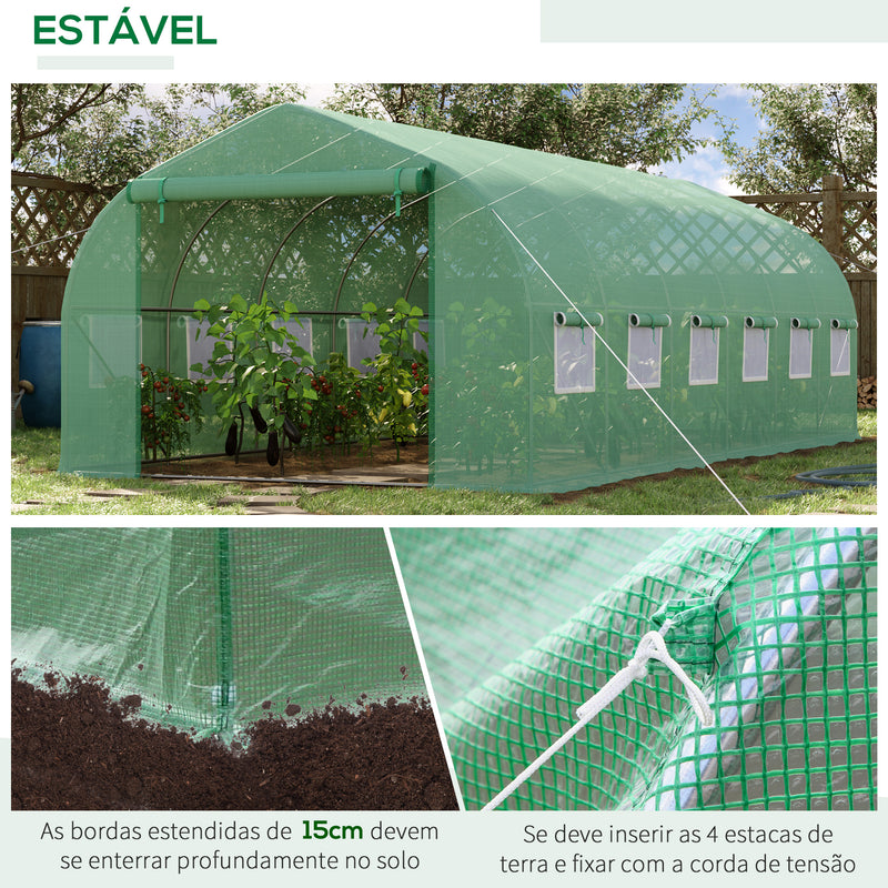 Estufa de Túnel 595x300x200cm Estufa de Jardim Grande com 12 Janelas e Porta Enrolável com Zíper para Cultivo de Plantas Verde