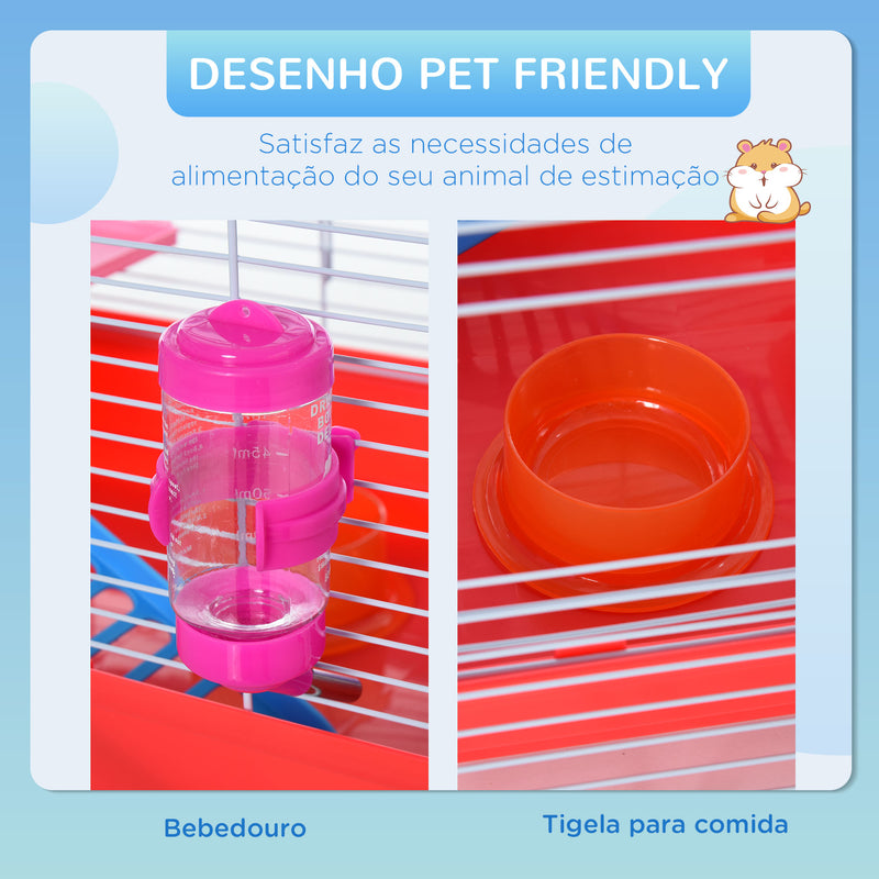 Gaiola para Hamster Casa para Hamster 47x30x27cm com 1 Andar Comedouro Bebedouro Rampa Roda de Exercício para Pequenos Animais Branco e Vermelho