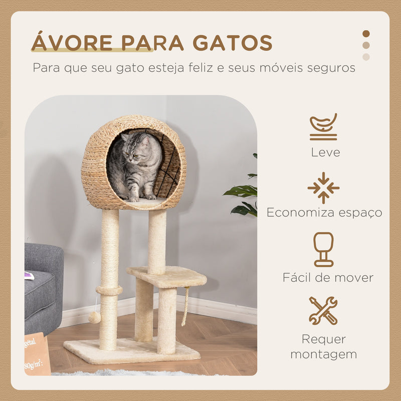 Árvore arranhador para gatos Torre de escalada com plataformas caverna corda de brincar poste de sisal 48x40x100 cm Bege