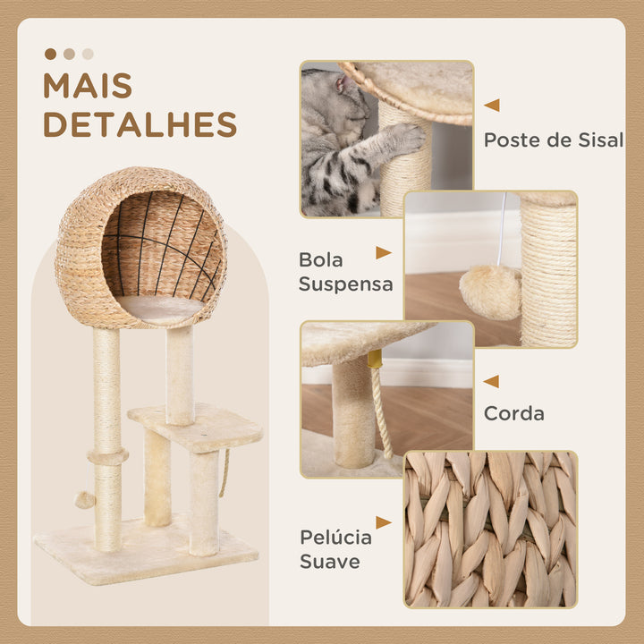 Árvore arranhador para gatos Torre de escalada com plataformas caverna corda de brincar poste de sisal 48x40x100 cm Bege