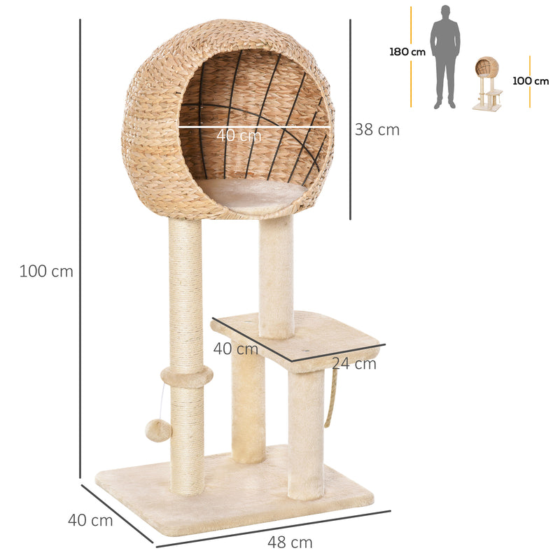 Árvore arranhador para gatos Torre de escalada com plataformas caverna corda de brincar poste de sisal 48x40x100 cm Bege