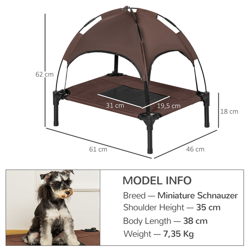 Cama Elevada para Animais de Estimação Portátil com Toldo Amovível Tecido Respirável para Interior e Exterior 61x46x62 cm Marrom