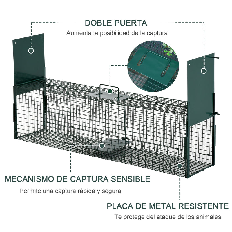 Armadilha com 2 portas para animais vivos Gaiola de captura de metal com alça 100x25x28 cm Verde escuro