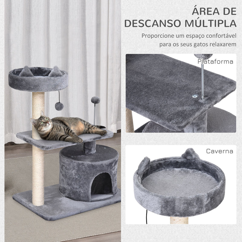 Arranhador para Gatos 81 cm Torre para Gatos Médios com Cama Plataforma Caverna Poste de Sisal e Bolas de Brinquedo 60x40x81 cm Cinza