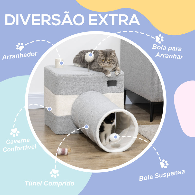 Túnel para Gatos com Caverna Túnel para Animais de Estimação com Orifício Superior Porta Dianteira Poste de Sisal e Bola Suspensa 48x95x58cm Cinza