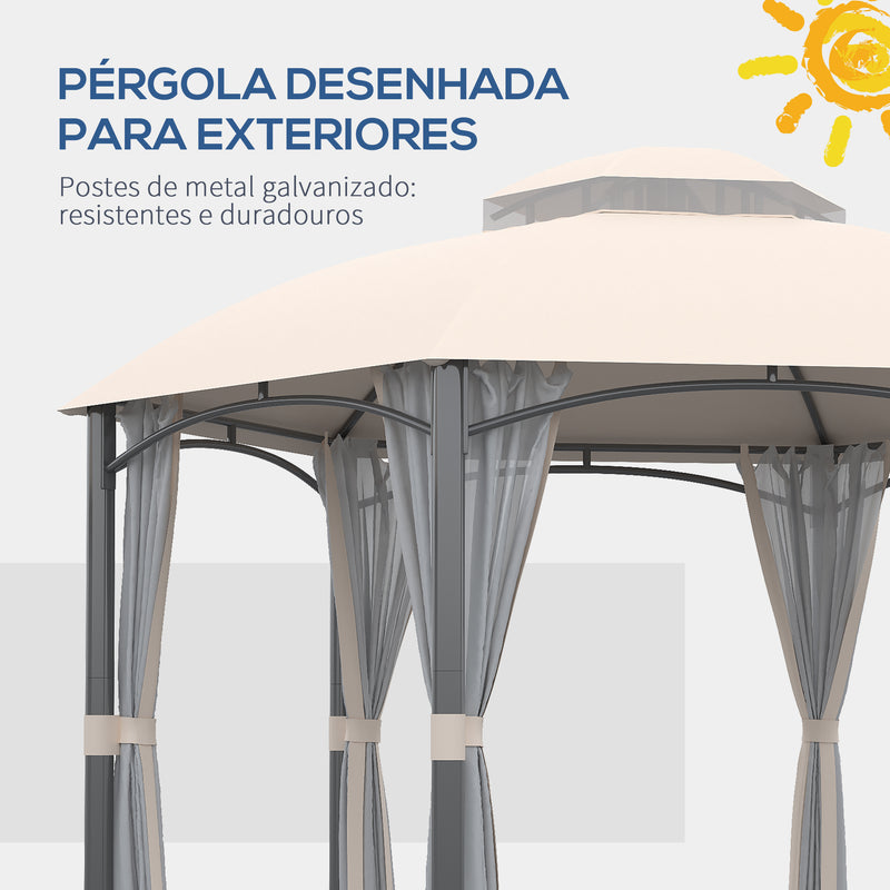 Pérgola de Jardim Hexagonal 4x4m Pérgola de Exterior com Teto Duplo de Ventilação 6 Telas Mosquiteiras com Zíper para Festas Pátio Cáqui