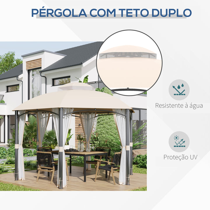 Pérgola de Jardim Hexagonal 4x4m Pérgola de Exterior com Teto Duplo de Ventilação 6 Telas Mosquiteiras com Zíper para Festas Pátio Cáqui