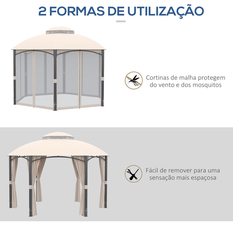 Pérgola de Jardim Hexagonal 4x4m Pérgola de Exterior com Teto Duplo de Ventilação 6 Telas Mosquiteiras com Zíper para Festas Pátio Cáqui