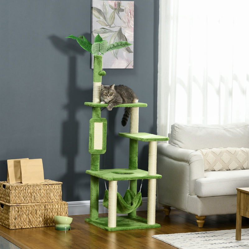 Arranhador de Gatos Grande de 142 cm Torre para Gatos com Postes de Sisal Plataformas Rede Folhas e Bola de Brinquedo Ø49x142 cm Verde