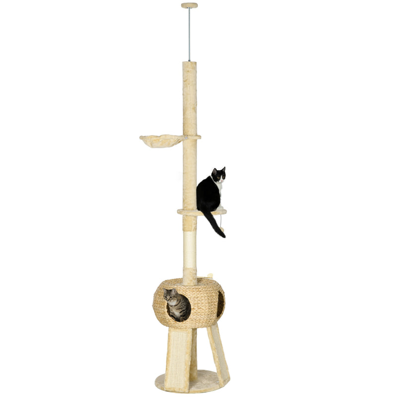 Arranhador para Gatos do Chão ao Teto de 225-255 cm Torre para Gatos com Altura Ajustável Caverna Plataformas Rede Postes de Arranhar Rampas e Bolas Suspensas Ø48x225-255 cm Bege