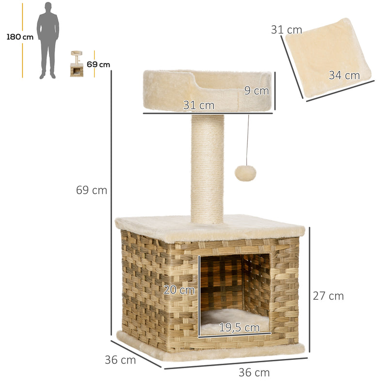 Árvore para Gatos Altura 69cm com Caverna de Vime Sintético Almofada Lavável Cama Superior Poste Arranhador de Sisal e Bola Suspensa 36x36x69cm Bege