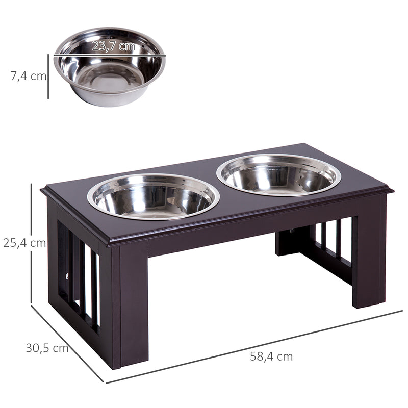 Comedouro elevado para cães com 2 tigelas removíveis de aço inoxidável 58,4x30,5x25,4 cm marrom escuro