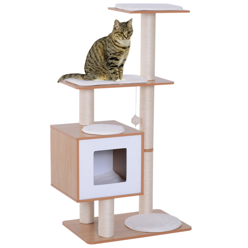 Árvore Arranhadora para Gatos de Madeira 71,5x49,5x120cm Torre para Gatos com Caverna Plataformas Postes Arranhadores de Sisal Almofadas de Pelúcia Suave e Bolas Suspensas Natural