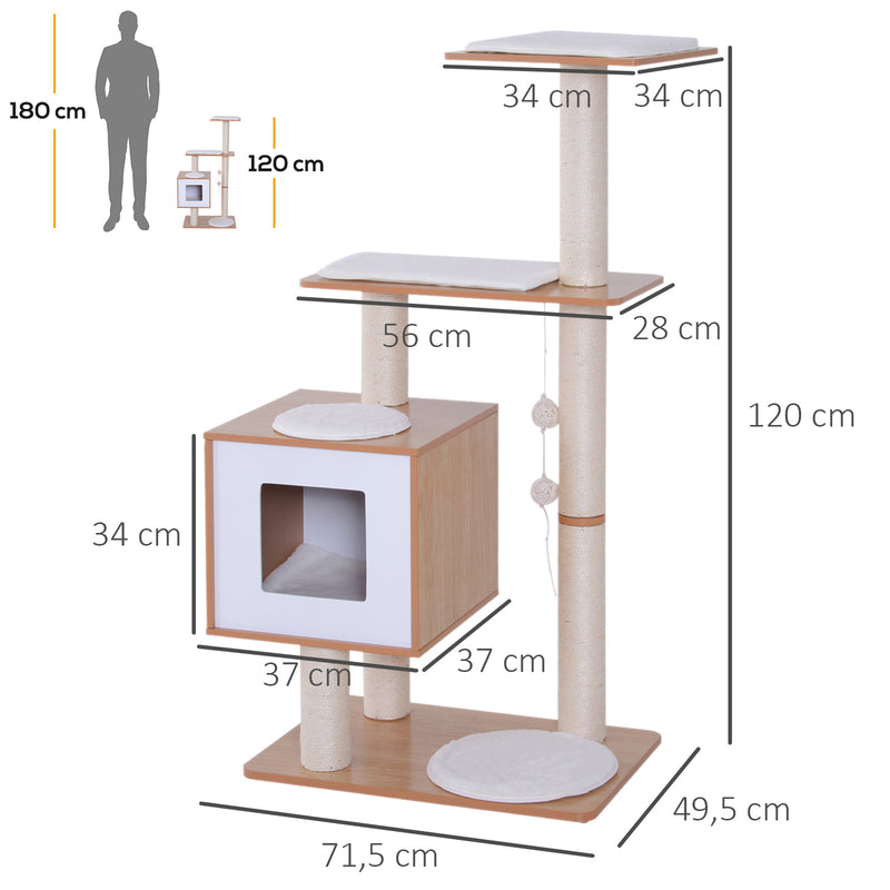 Árvore Arranhadora para Gatos de Madeira 71,5x49,5x120cm Torre para Gatos com Caverna Plataformas Postes Arranhadores de Sisal Almofadas de Pelúcia Suave e Bolas Suspensas Natural