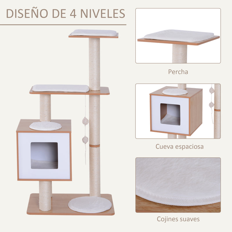 Árvore Arranhadora para Gatos de Madeira 71,5x49,5x120cm Torre para Gatos com Caverna Plataformas Postes Arranhadores de Sisal Almofadas de Pelúcia Suave e Bolas Suspensas Natural