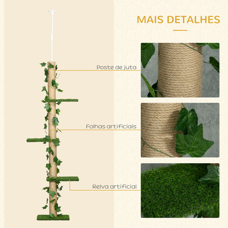 Árvore para Gatos do Chão ao Teto 37x21x202-242 cm Torre Arranhador para Gatos com Altura Ajustável 4 Plataformas de Relva Artificial Folhas Artificiais e Poste de Juta Verde