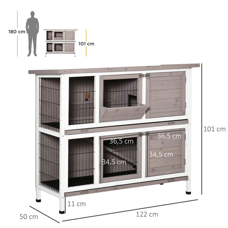 Coelheira de Madeira Exterior de 2 Níveis Gaiola para 1-2 Coelhos com Telhado com Abertura Comedouro Bandejas Removíveis Rampa e Portas com Fechadura 122x50x101cm Cor Areia