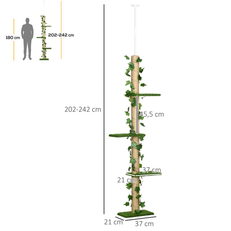 Árvore para Gatos do Chão ao Teto 37x21x202-242 cm Torre Arranhador para Gatos com Altura Ajustável 4 Plataformas de Relva Artificial Folhas Artificiais e Poste de Juta Verde