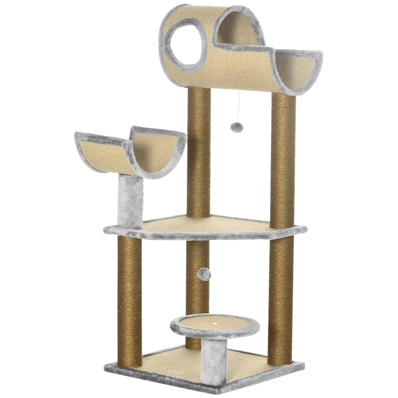 Árvore Arranhador para Gatos de 122cm Torre de Arranhar para Gatos com Múltiplas Camas Plataforma Bolas Suspensas e Poste de Sisal 49x49x122cm Marrom