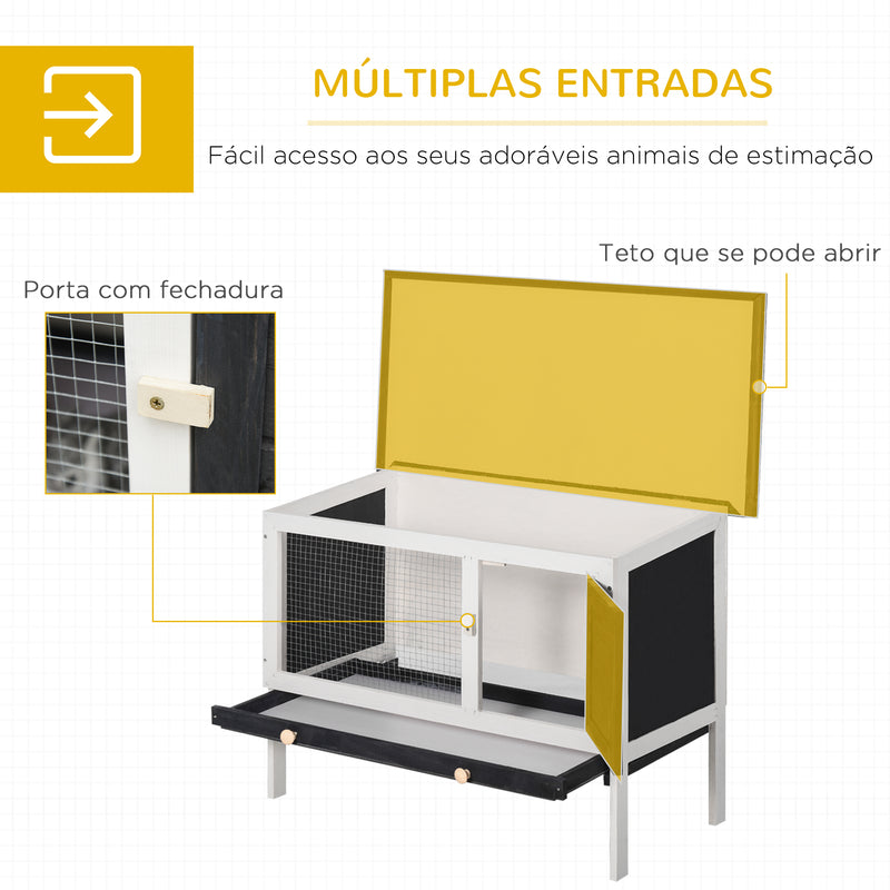 Coelheira de Madeira Gaiola Elevada para Coelhos Cobaias e Animais Pequenos com Teto Asfáltico Bandeja Removível e Porta com Trava 91x46x71cm Preto