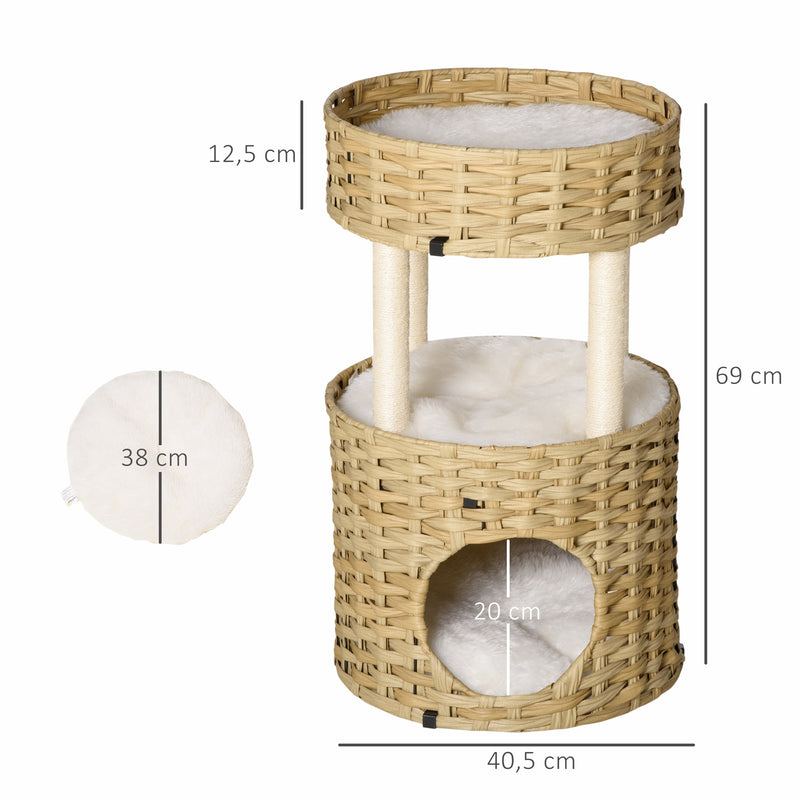 Árvore Arranhadora para Gatos de Vime Torre para Gatos Médios com Caverna 2 Camas Postes de Sisal Natural e Almofadas Laváveis de Pelúcia Suave Ø40,5x69 cm Natural