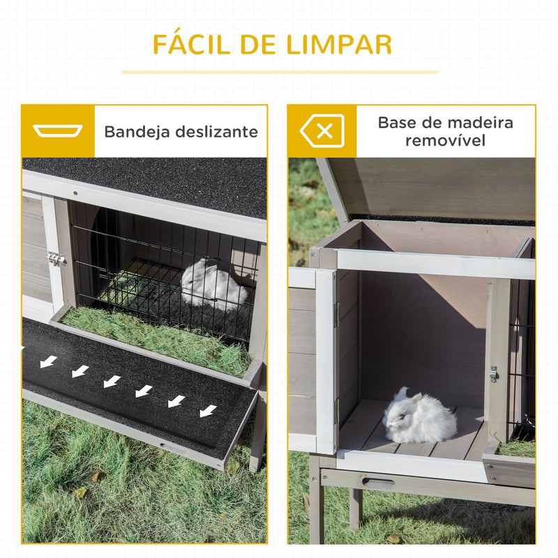 Coelheira de Madeira Exterior Gaiola Elevada para Coelhos Cobaias Animais Pequenos com Teto Asfáltico Abatível Comedouro Bandejas Removíveis e 2 Portas 91x46x71cm Cinza