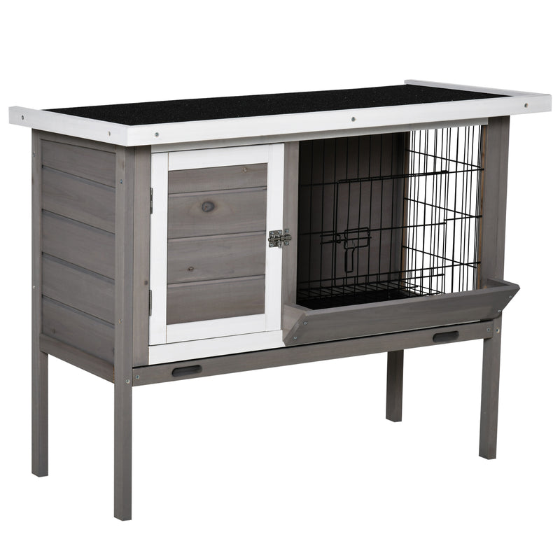 Coelheira de Madeira Exterior Gaiola Elevada para Coelhos Cobaias Animais Pequenos com Teto Asfáltico Abatível Comedouro Bandejas Removíveis e 2 Portas 91x46x71cm Cinza