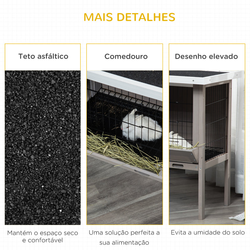 Coelheira de Madeira Exterior Gaiola Elevada para Coelhos Cobaias Animais Pequenos com Teto Asfáltico Abatível Comedouro Bandejas Removíveis e 2 Portas 91x46x71cm Cinza