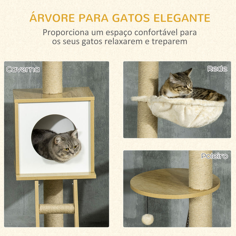 Árvore para Gatos do Chão ao Teto 220-260cm Árvore Arranhador para Gatos com Altura Ajustável Plataformas Rede Caverna Poste de Juta Rampa e Bolas Suspensas 40x40225-285cm Bege