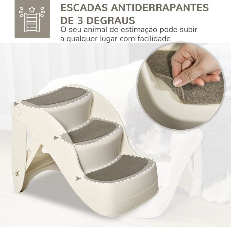 Escada para Cães de 3 Degraus Dobrável Escada de Plástico para Animais de Estimação com Tapetes Antiderrapantes para Cama Sofá Carga 15kg 49x38x38cm Creme