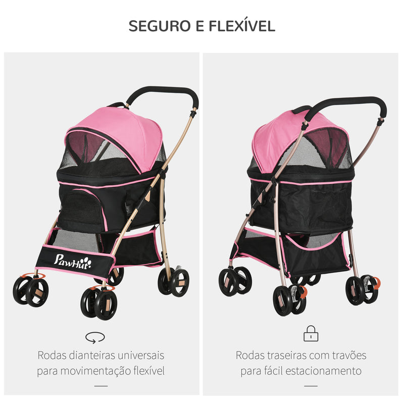 Carrinho para Animais de Estimação 3 em 1 Carrinho para Cães e Gatos Dobrável com Bolsa de Transporte Cesta de Armazenamento e Travão Tecido de Oxford 600D Carga Máxima 15kg 82x49,5x98 cm Rosa