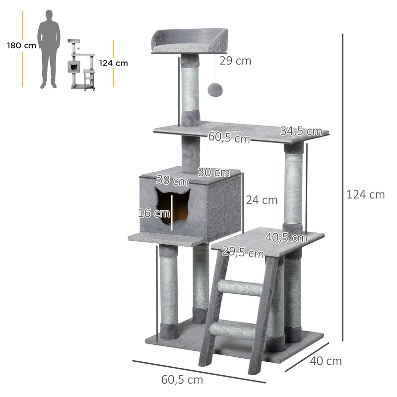 Árvore Arranhadora para Gatos Torre de Escalada com Plataformas Escada Caverna Postes de Juta e Bola Suspensa 60,5x40x124cm Cinza