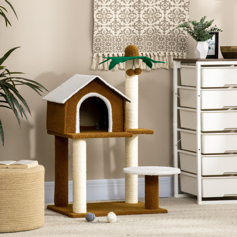 Árvore Arranhador para Gatos Altura 89cm Torre para Gatos com Casa de Pelúcia Plataforma Poste em Forma de Coqueiro de Sisal e Bolas Suspensas 55x40x89cm Marrom