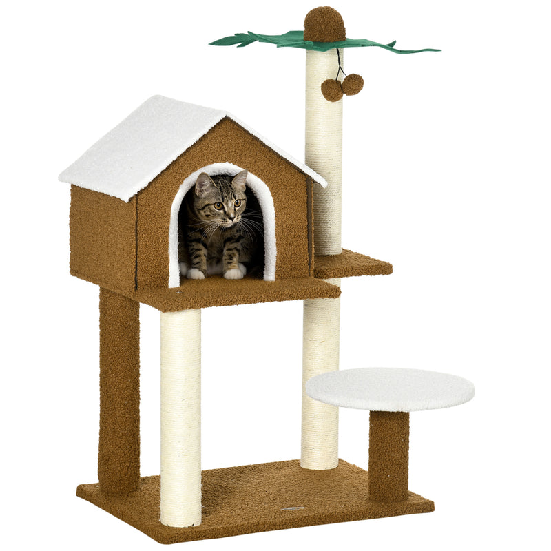 Árvore Arranhador para Gatos Altura 89cm Torre para Gatos com Casa de Pelúcia Plataforma Poste em Forma de Coqueiro de Sisal e Bolas Suspensas 55x40x89cm Marrom