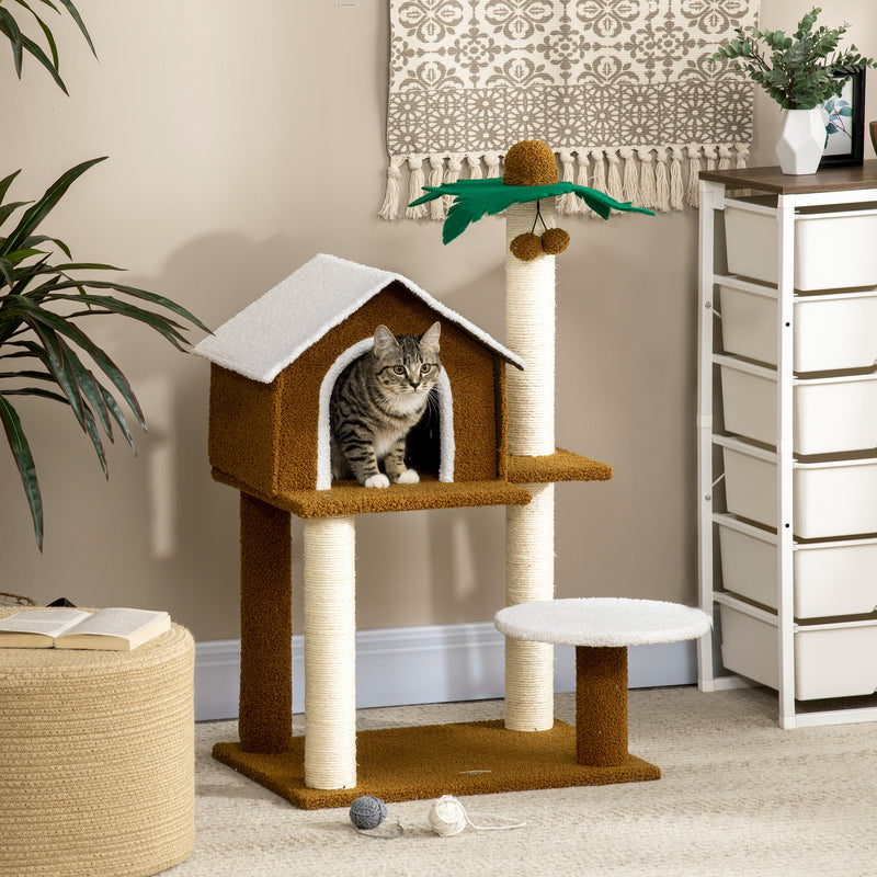 Árvore Arranhador para Gatos Altura 89cm Torre para Gatos com Casa de Pelúcia Plataforma Poste em Forma de Coqueiro de Sisal e Bolas Suspensas 55x40x89cm Marrom