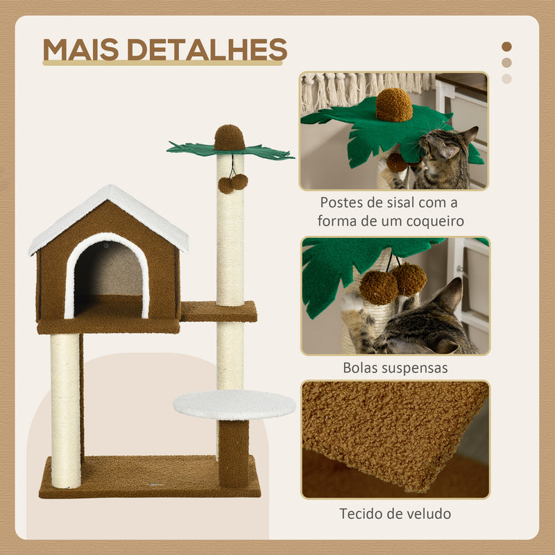 Árvore Arranhador para Gatos Altura 89cm Torre para Gatos com Casa de Pelúcia Plataforma Poste em Forma de Coqueiro de Sisal e Bolas Suspensas 55x40x89cm Marrom