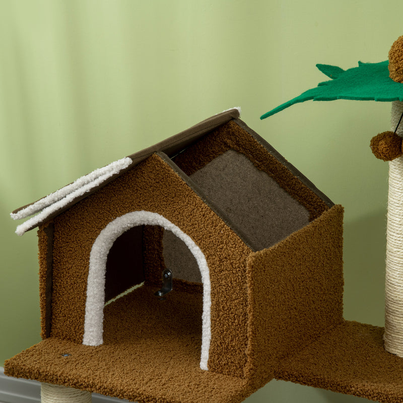 Árvore Arranhador para Gatos Altura 89cm Torre para Gatos com Casa de Pelúcia Plataforma Poste em Forma de Coqueiro de Sisal e Bolas Suspensas 55x40x89cm Marrom